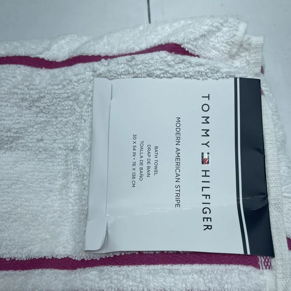 Tommy Hilfiger Modern American White Raspberry Stripe Bath Towel 30 X 54 In New*